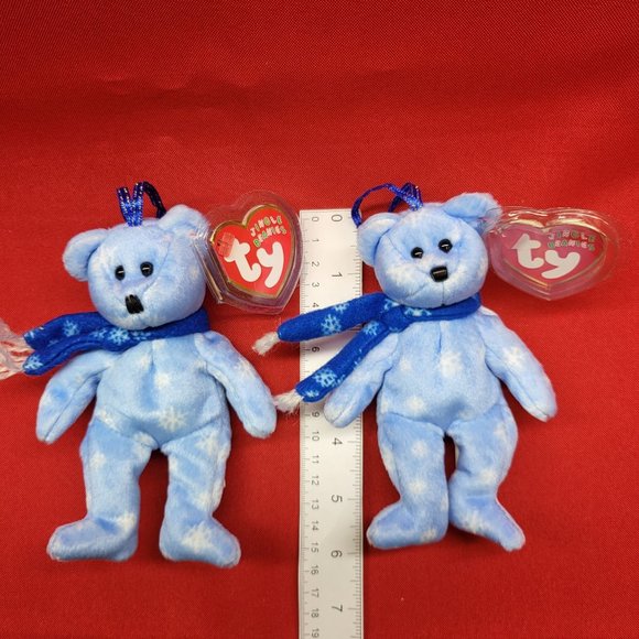 1999 Holiday Teddy The Blue Bear Ty Jingle Beanies Plush Ornament Set of 2 - Picture 6 of 13